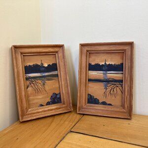 Angara River Original Oil Painting Mini 5" Set of 2 Framed Irkutsk KB Kper '99